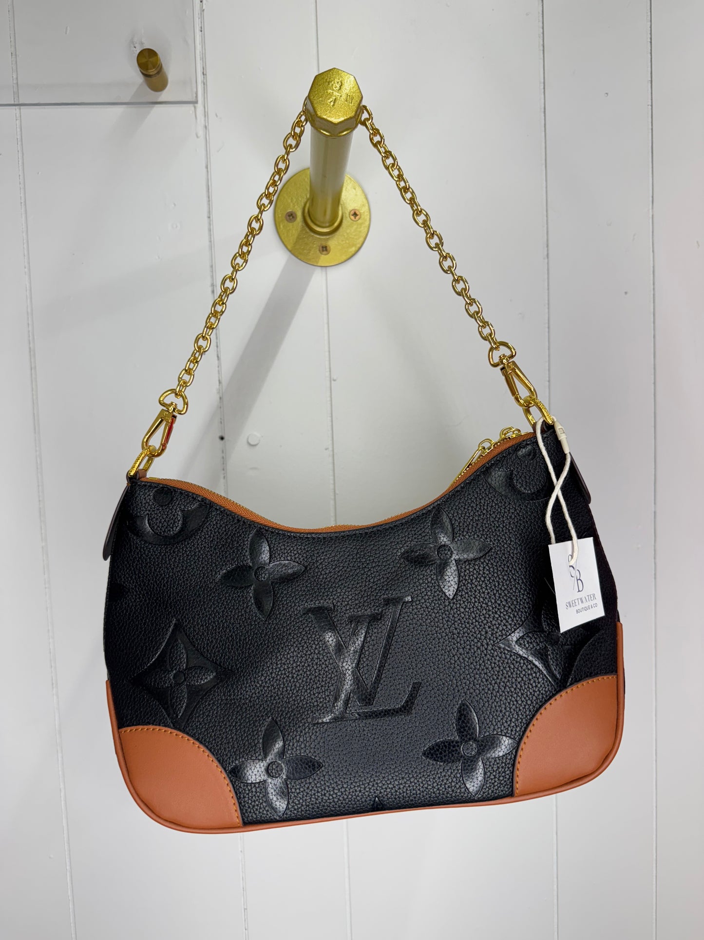 L/V Inspired Structured Embossed Shoulder Bag