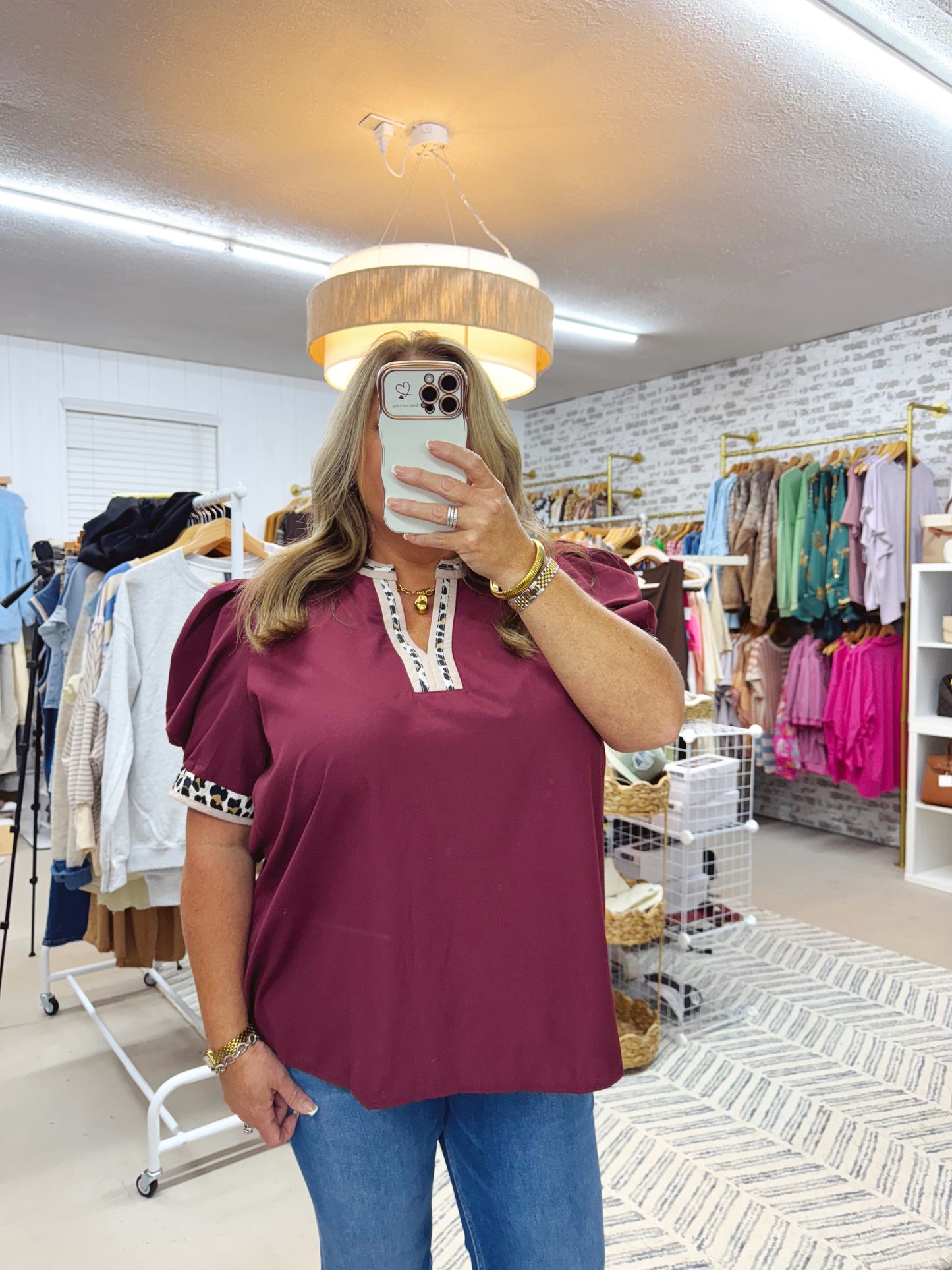 The Sky | Leopard Trim Merlot V-Neck Top