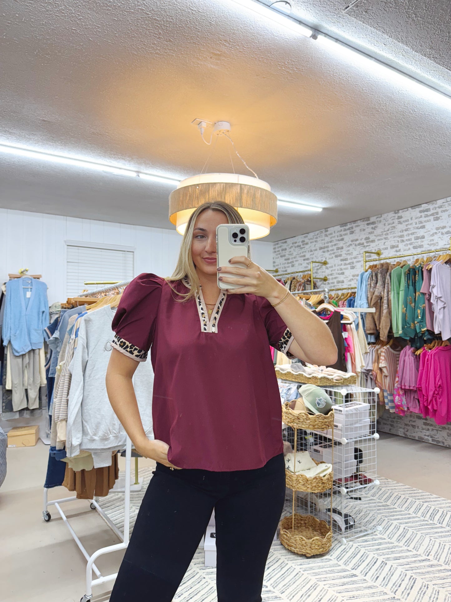 The Sky | Leopard Trim Merlot V-Neck Top