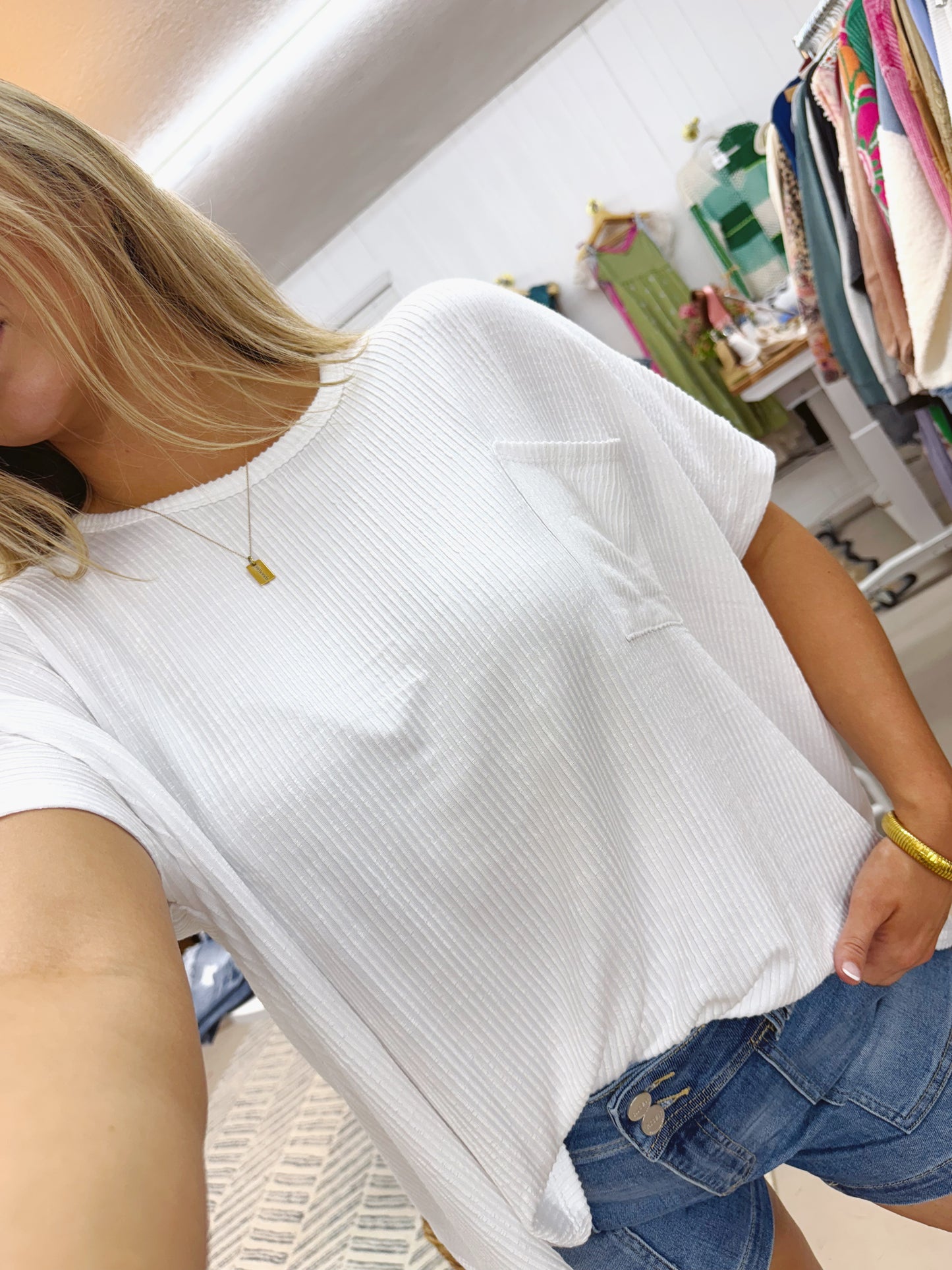 The Posie | White Ribbed Pocket Tee