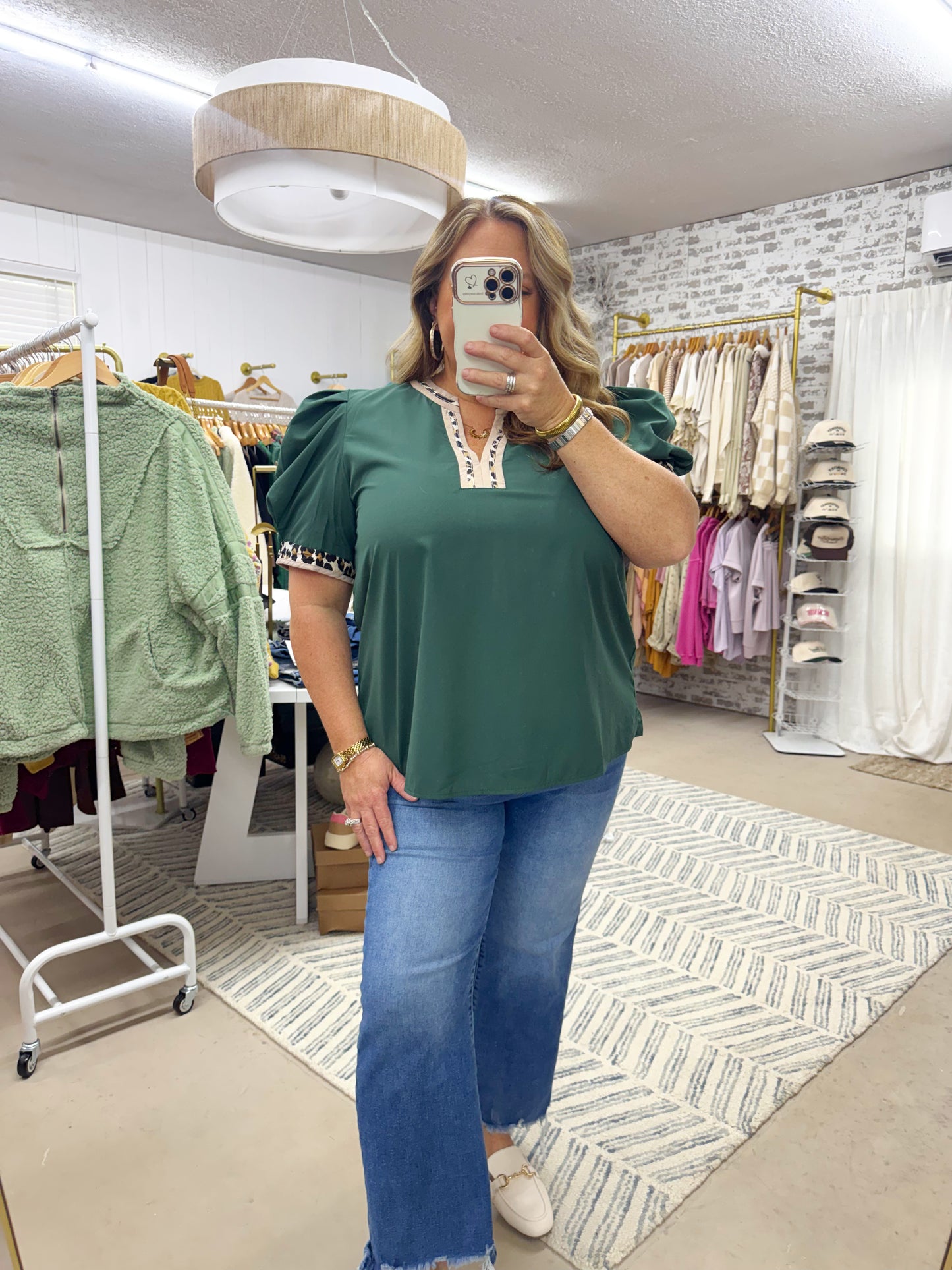 The Sky | Leopard Trim Green V-Neck Top