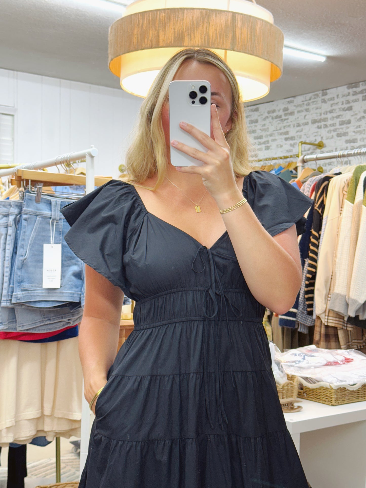 The Lena | Black Poplin Tiered Maxi Dress