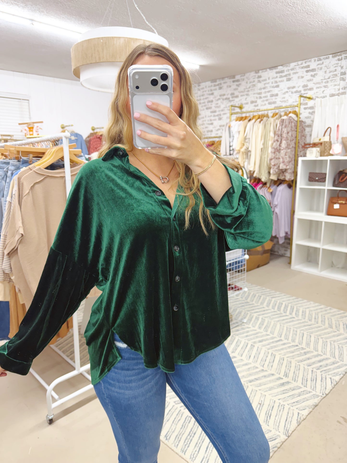 The Vivian | Green Velvet Button Up Top