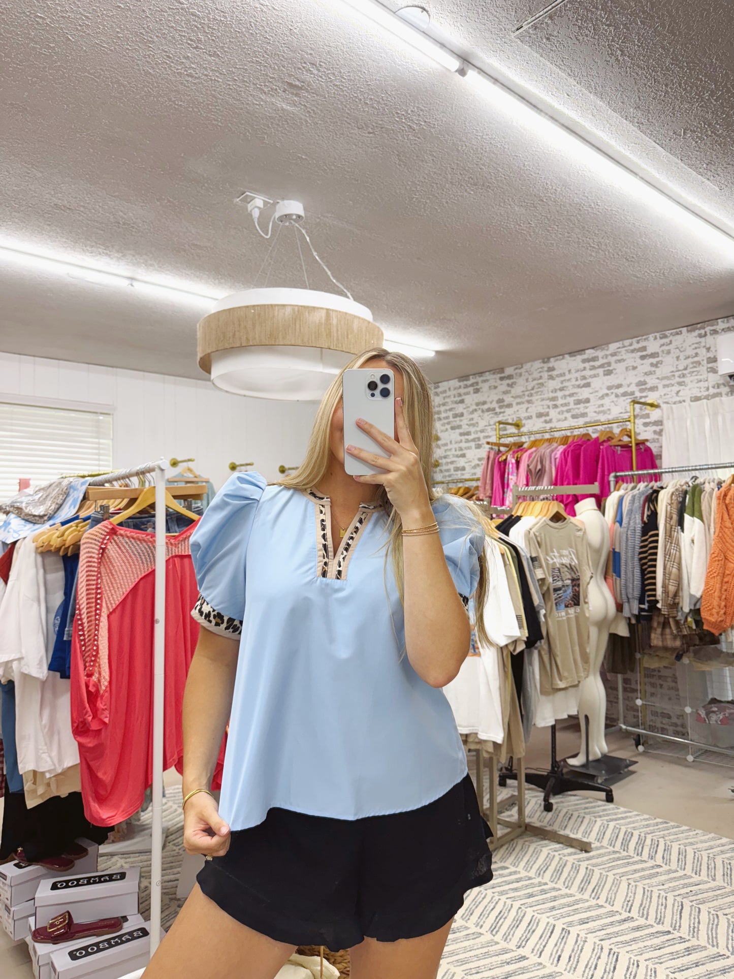 The Sky | Leopard Trim Light Blue V-Neck Top