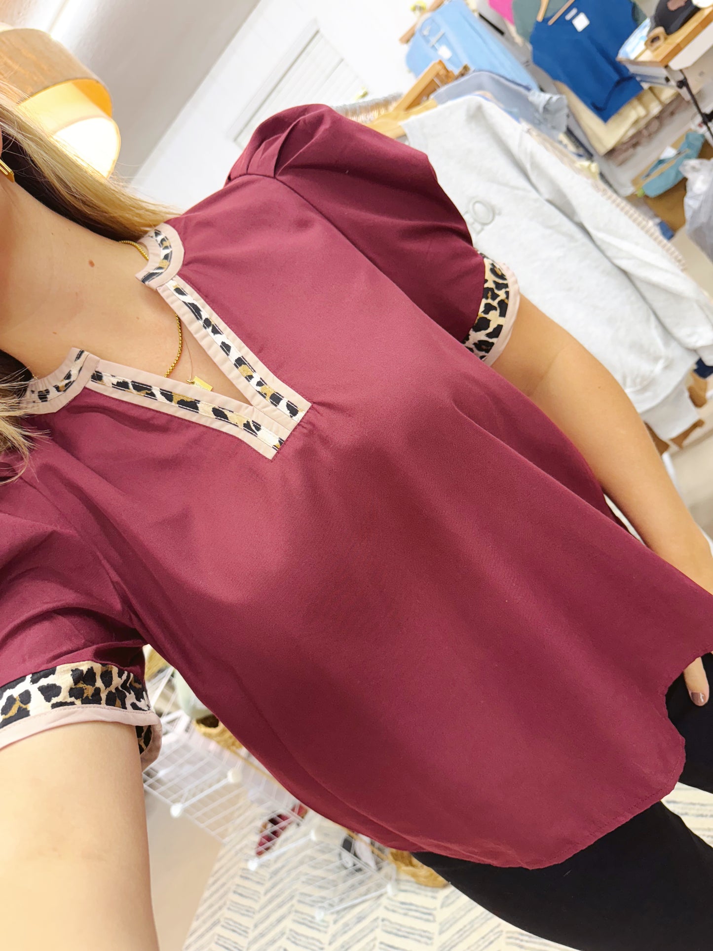 The Sky | Leopard Trim Merlot V-Neck Top