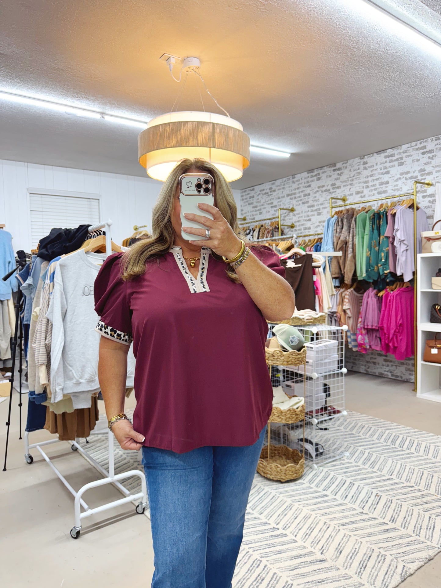 The Sky | Leopard Trim Merlot V-Neck Top
