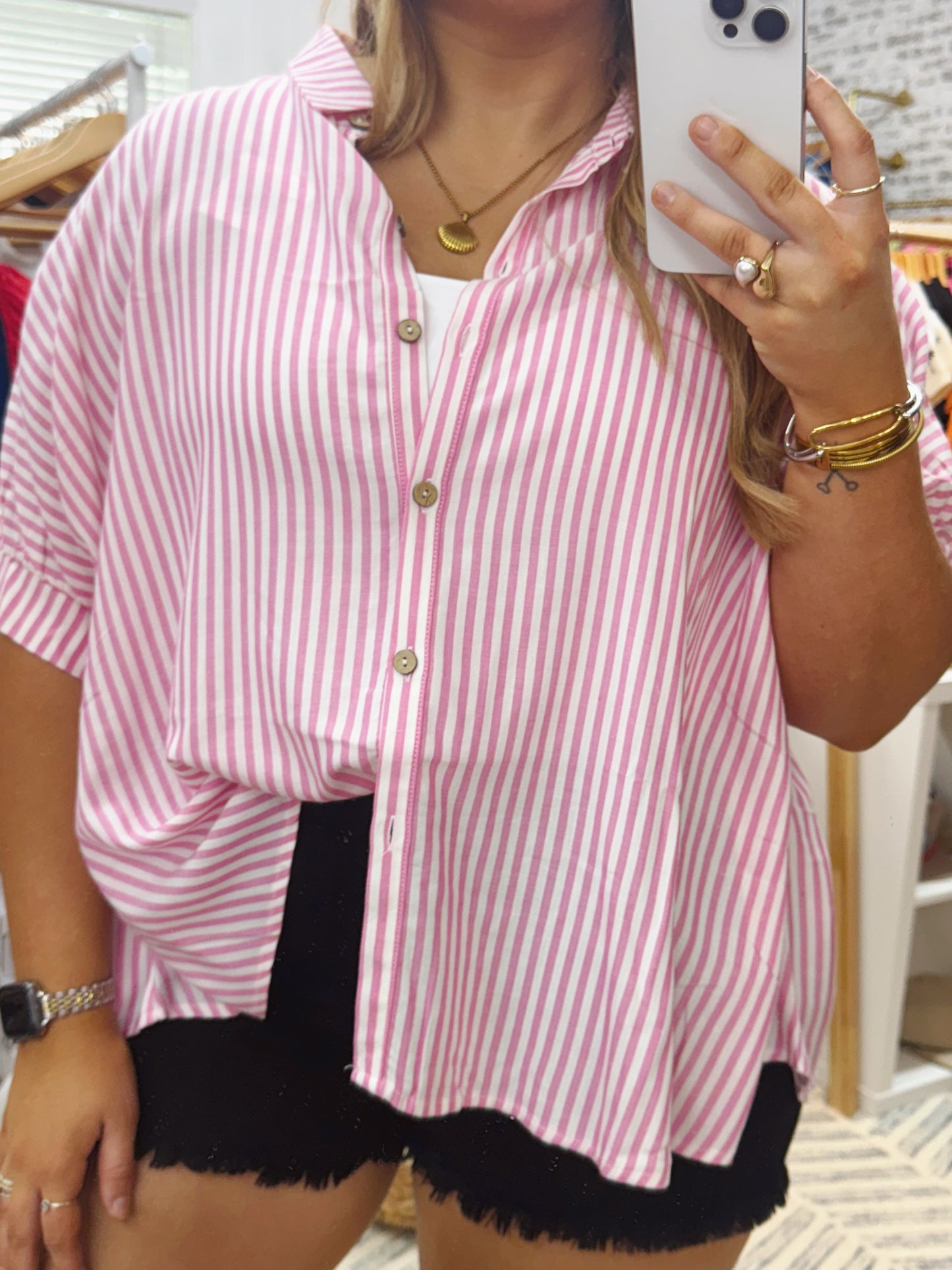 The Jaylen | Pink Striped Button Up