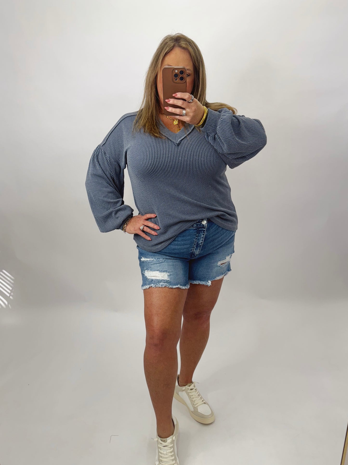 Crossover Dark Wash High Waisted Denim Shorts