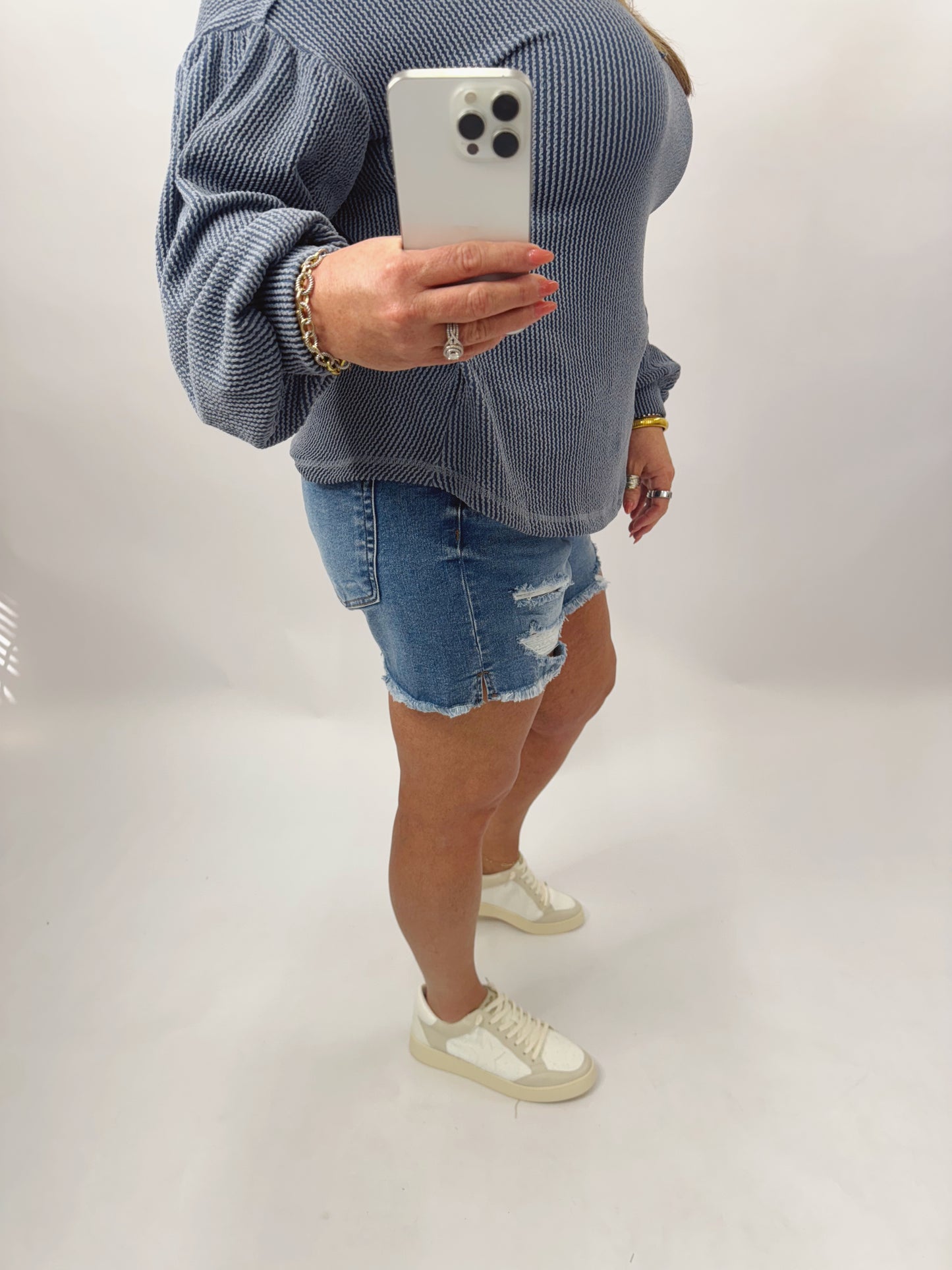 Crossover Dark Wash High Waisted Denim Shorts