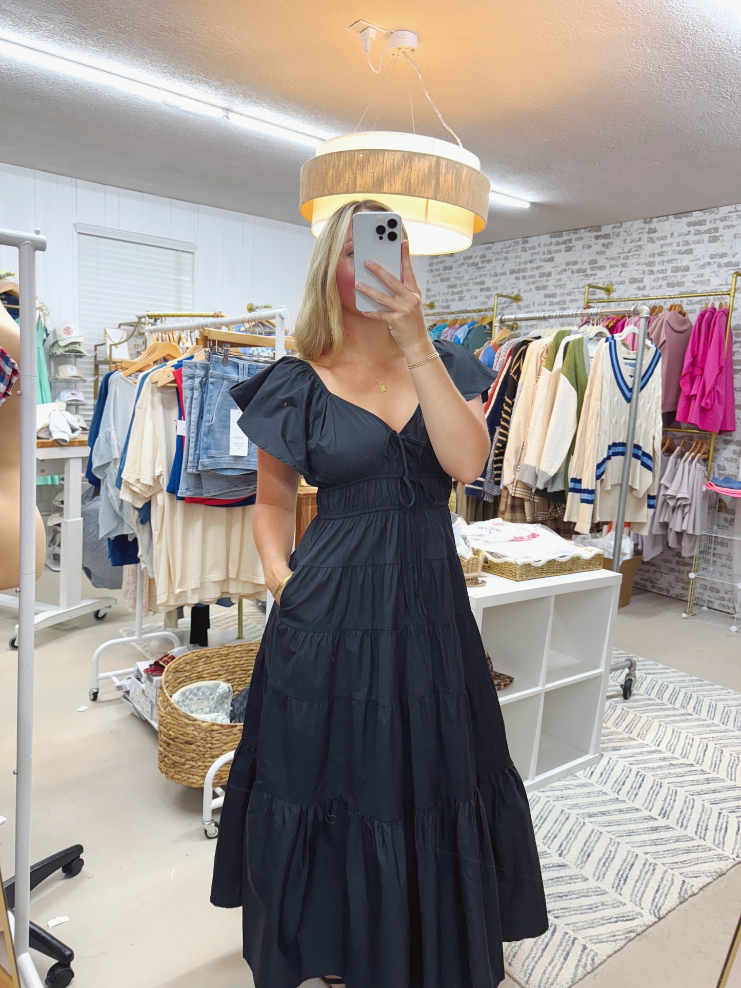 The Lena | Black Poplin Tiered Maxi Dress