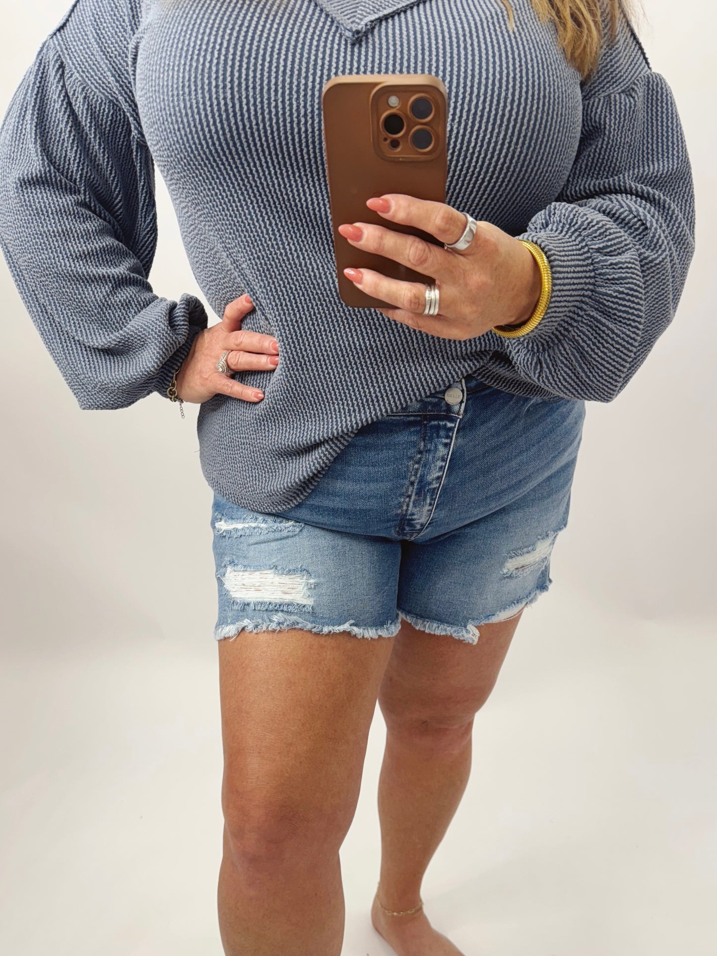 Crossover Dark Wash High Waisted Denim Shorts