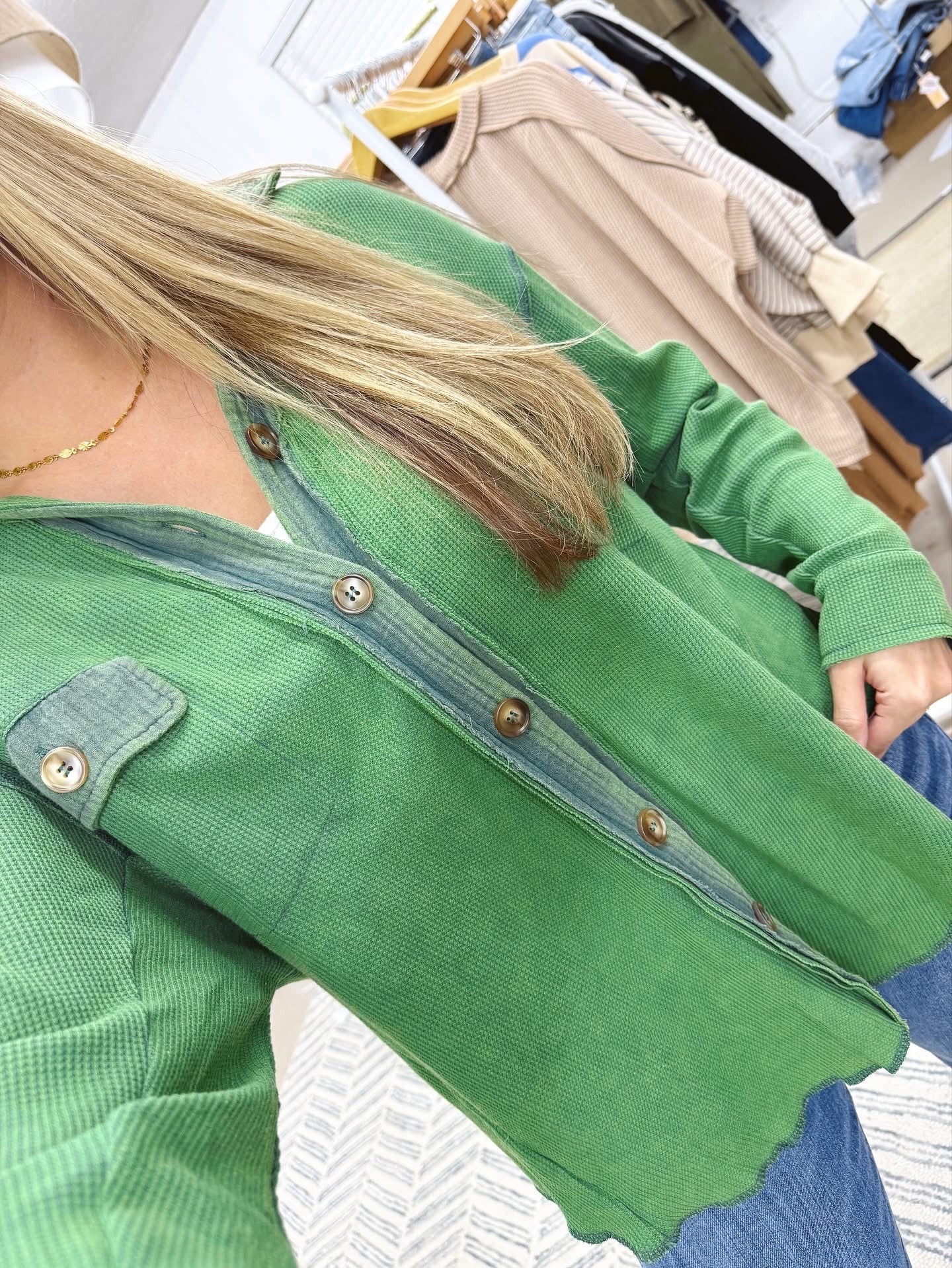 The Sherry | Green Waffle Knit Button Up
