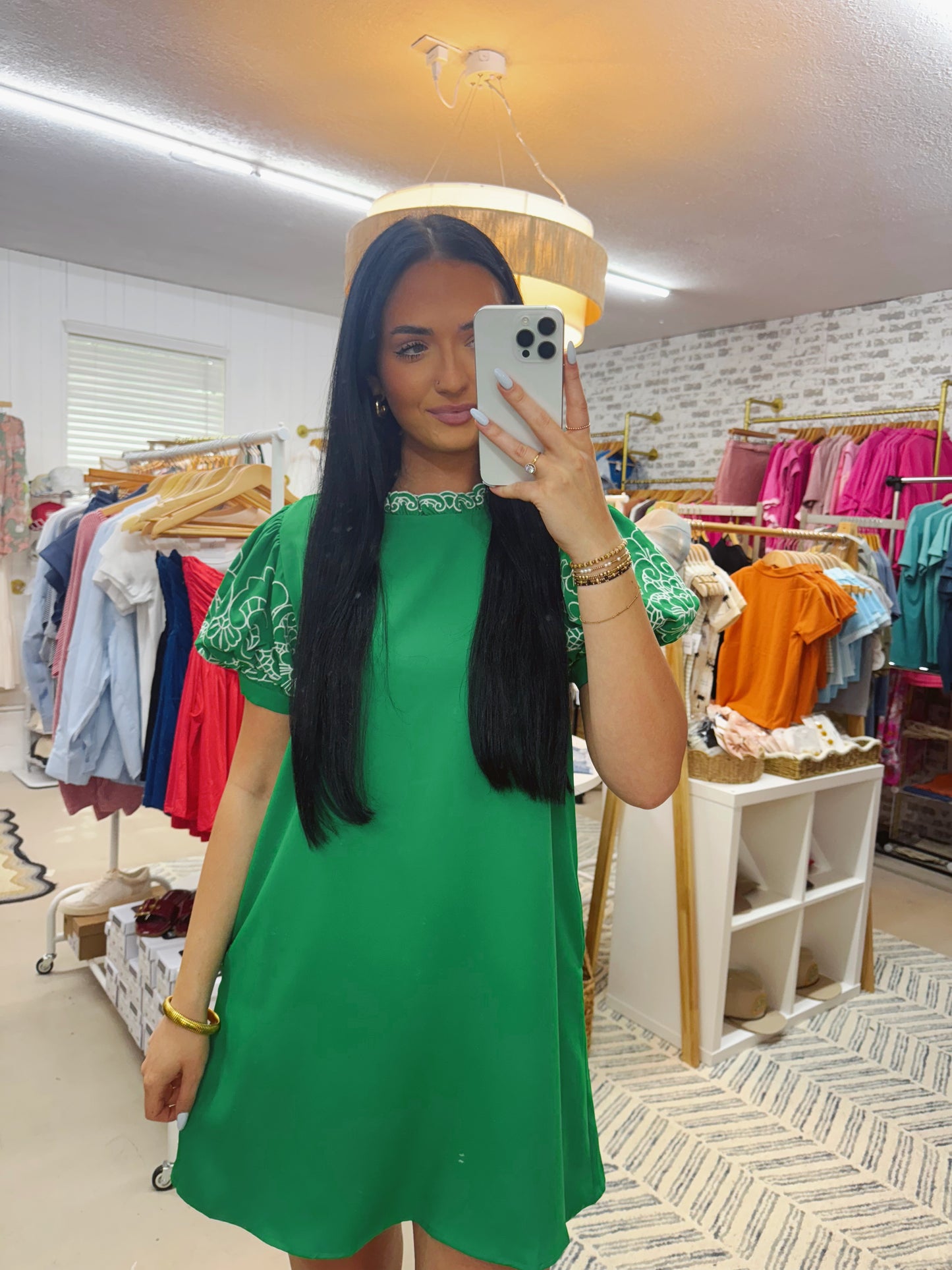 The Kathy | Green Embroidered Sleeve Dress
