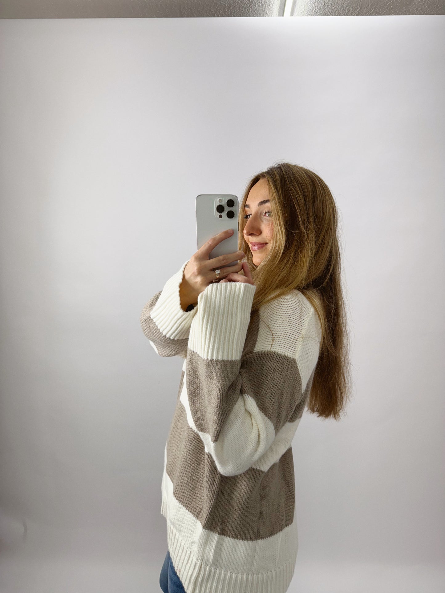 The Sloane | Taupe and Cream Striped Sweater