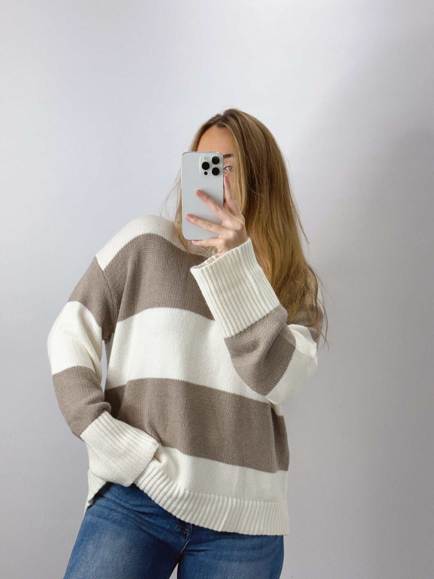 The Sloane | Taupe and Cream Striped Sweater