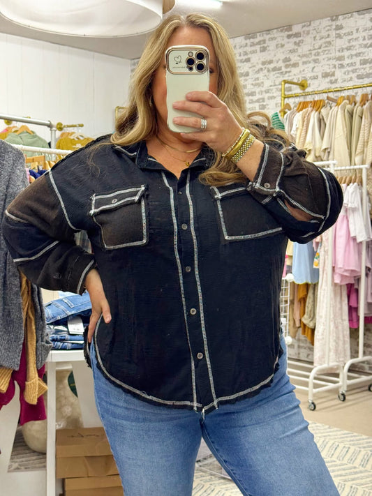 The Kylie | Exposed Seam Button Down Black