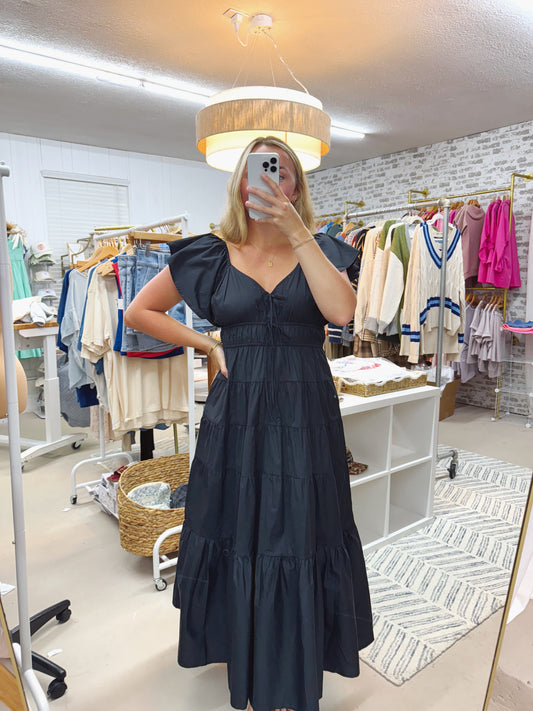 The Lena | Black Poplin Tiered Maxi Dress