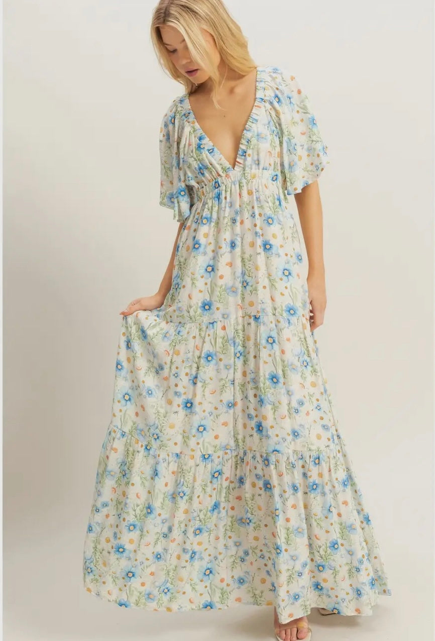 The Ariana | Blue V-Neck Floral Maxi Dress