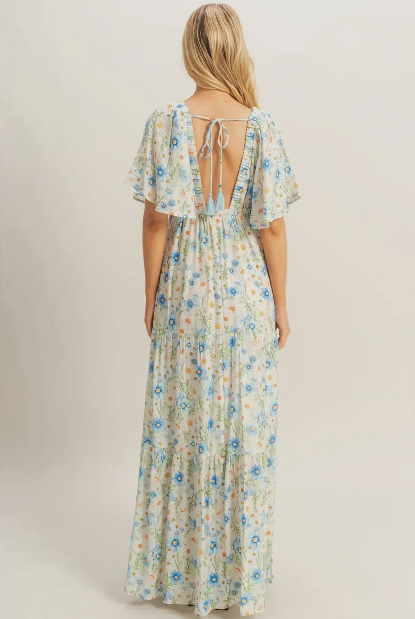 The Ariana | Blue V-Neck Floral Maxi Dress