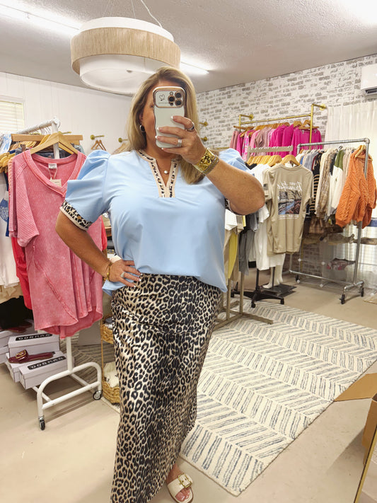 The Sky | Leopard Trim Light Blue V-Neck Top