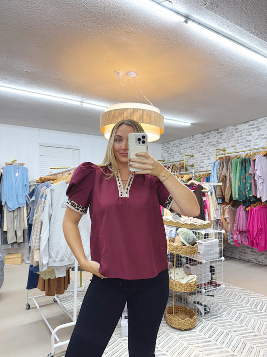 The Sky | Leopard Trim Merlot V-Neck Top
