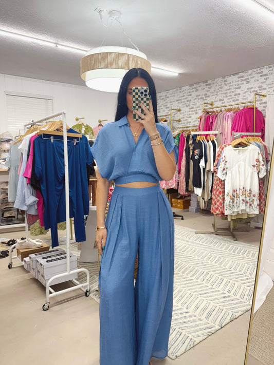 The Bree | Blue Pleated Pants Set