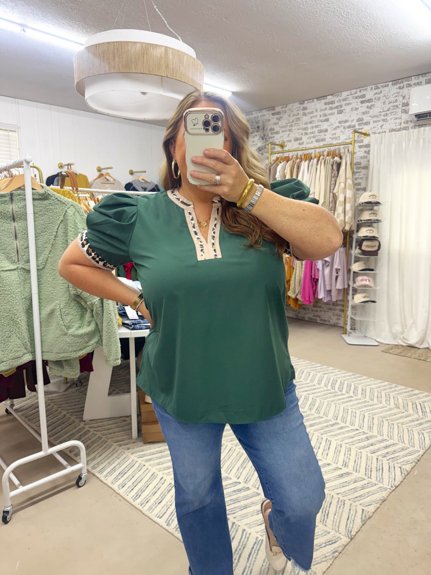The Sky | Leopard Trim Green V-Neck Top