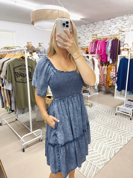 The Lainey | Washed Denim Smocked Dress