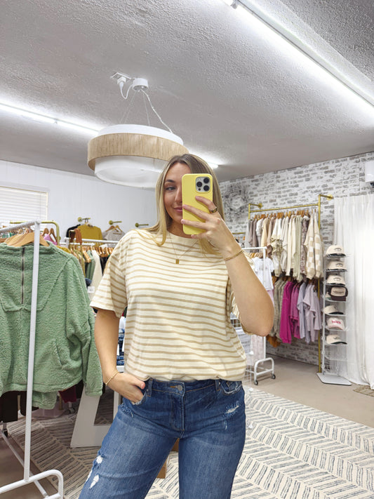 The Adrianna | Tan and White Striped Tee