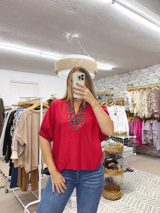 The Mandy | Christmas Plaid Trim Top