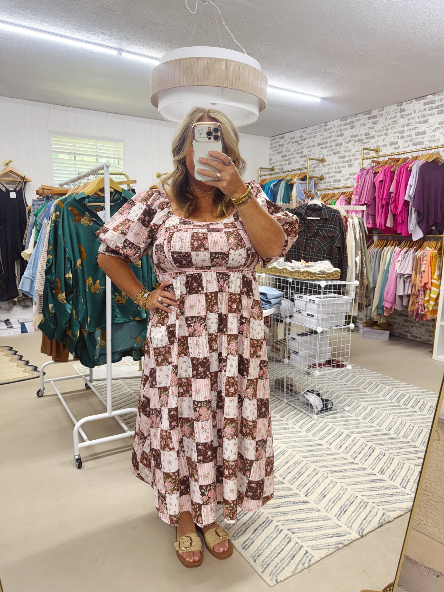 The Peggy | Pink and Brown Patchwork Dress