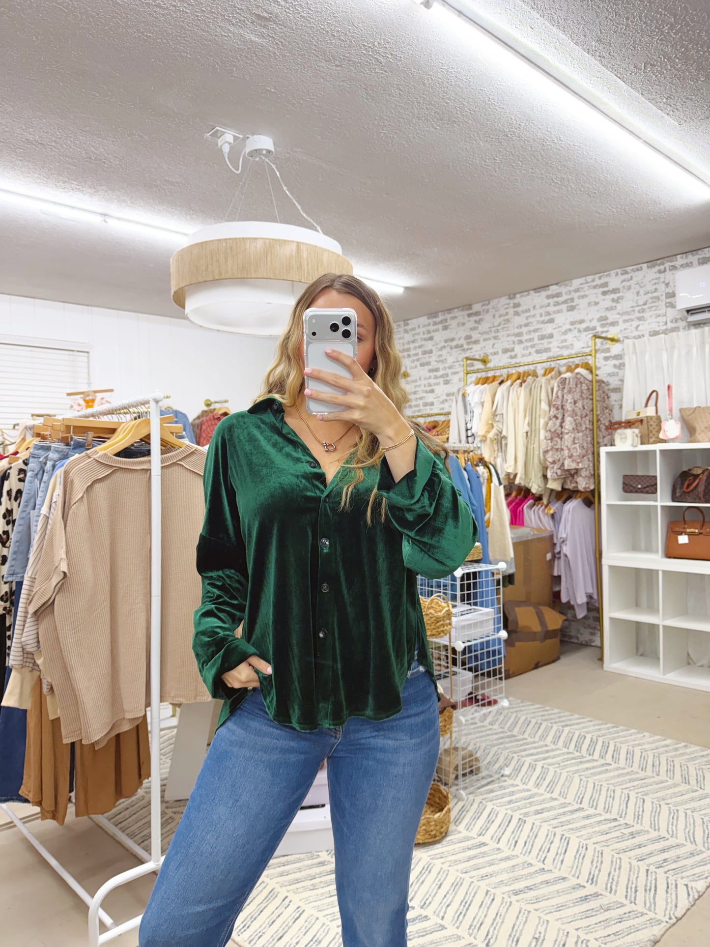 The Vivian | Green Velvet Button Up Top
