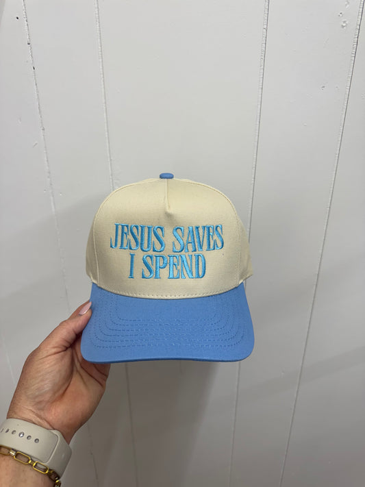 Jesus Saves I Spend | Blue Trucker Hat