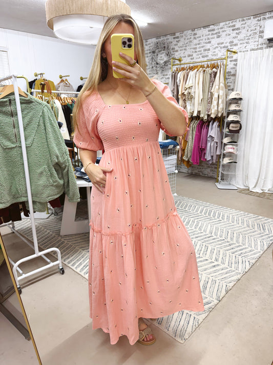 The Delilah | Pink Floral Embroidered Maxi Dress