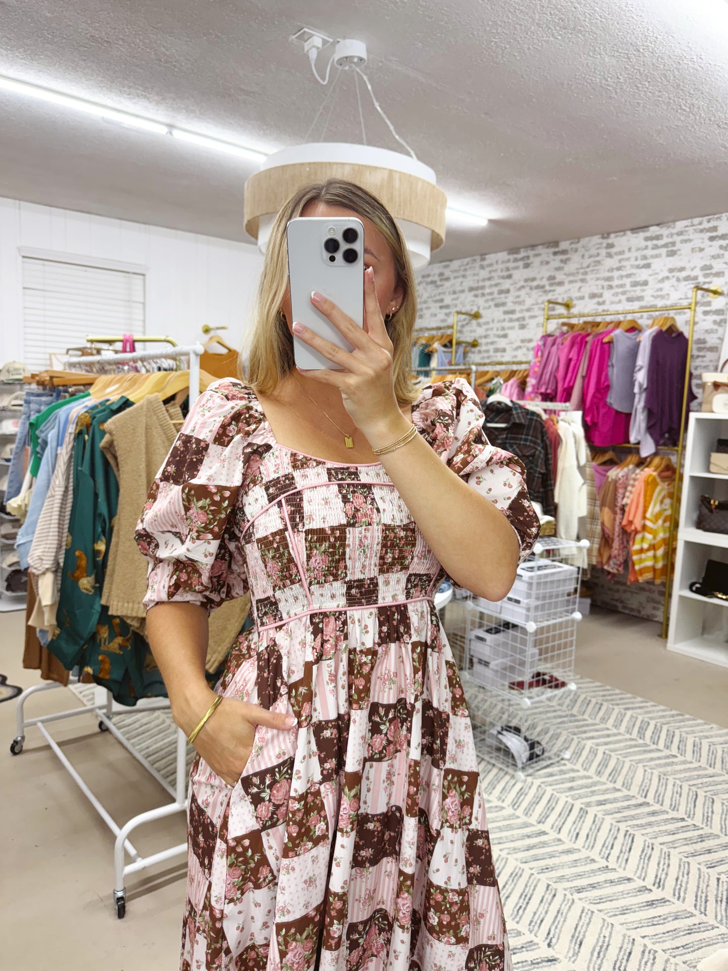 The Peggy | Pink and Brown Patchwork Dress