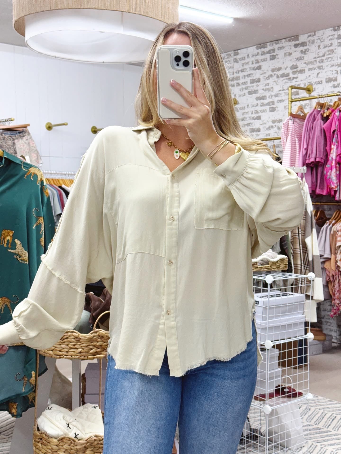 The Everly | Oversized Neutral Button Down Top
