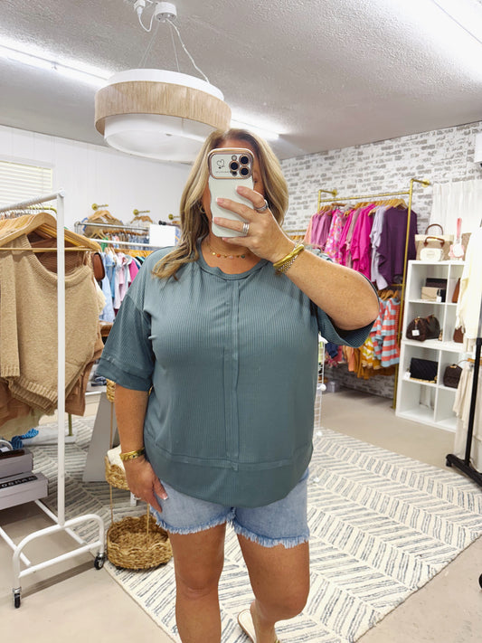 The Tia | Ash Jade Ribbed Boat Neck Tee