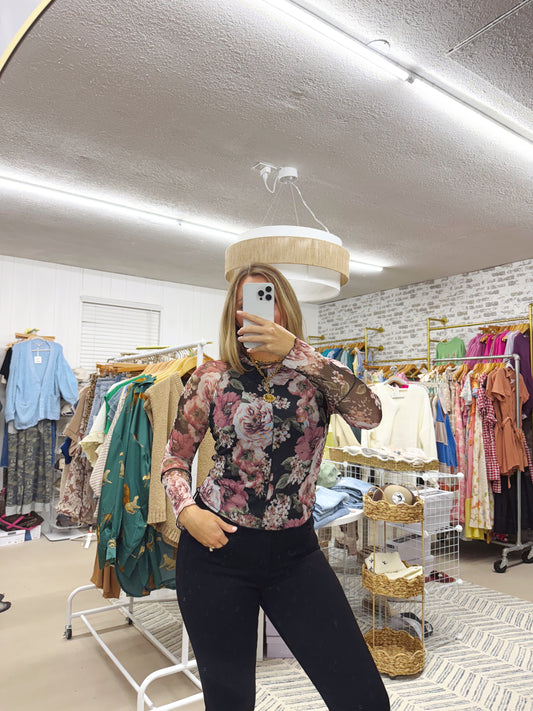 The Sue | Floral Mesh Sleeve Top