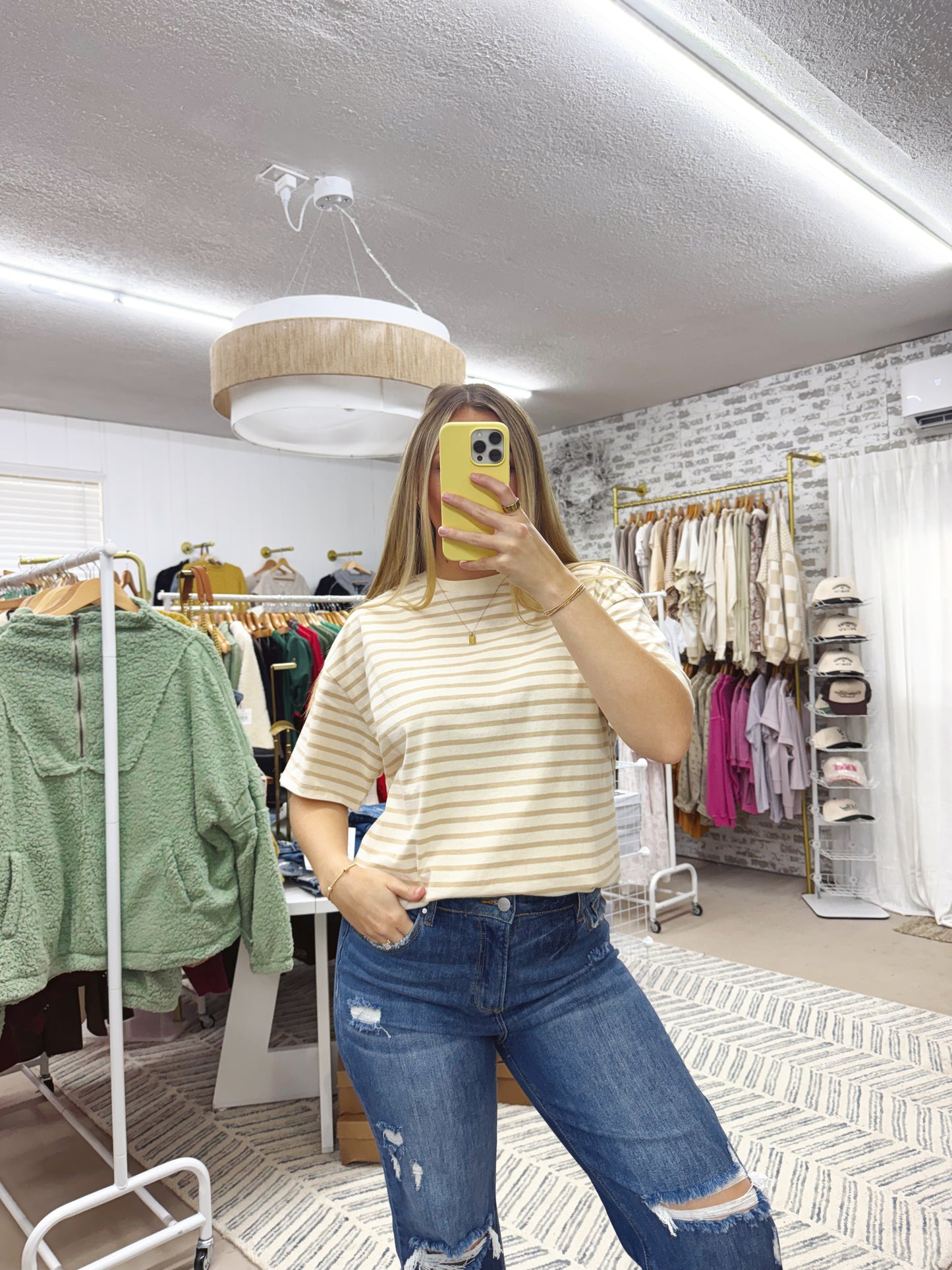 The Adrianna | Tan and White Striped Tee