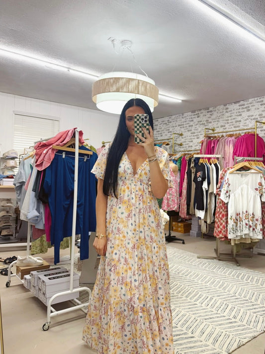 The Ariana | Yellow V-Neck Floral Maxi Dress
