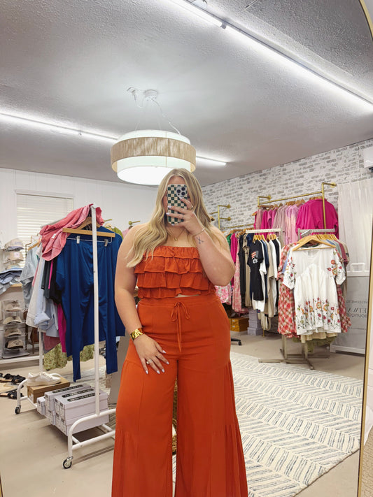 The Jessie | Rust Ruffle Top and Pants Set