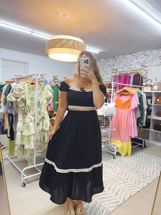 The Sharla | Black Lace Trim Skirt Set