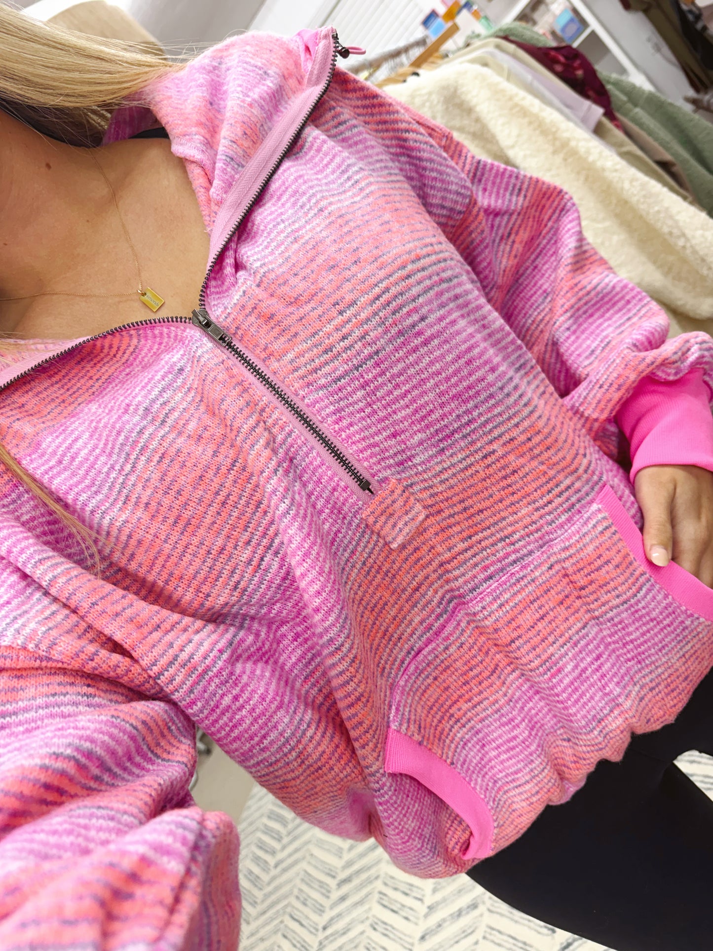 The Darcy | Pink Striped Zip Hoodie