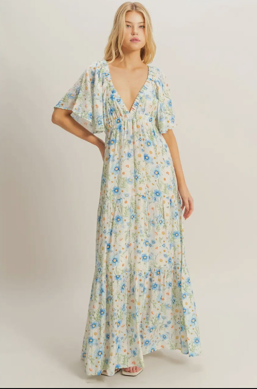 The Ariana | Blue V-Neck Floral Maxi Dress