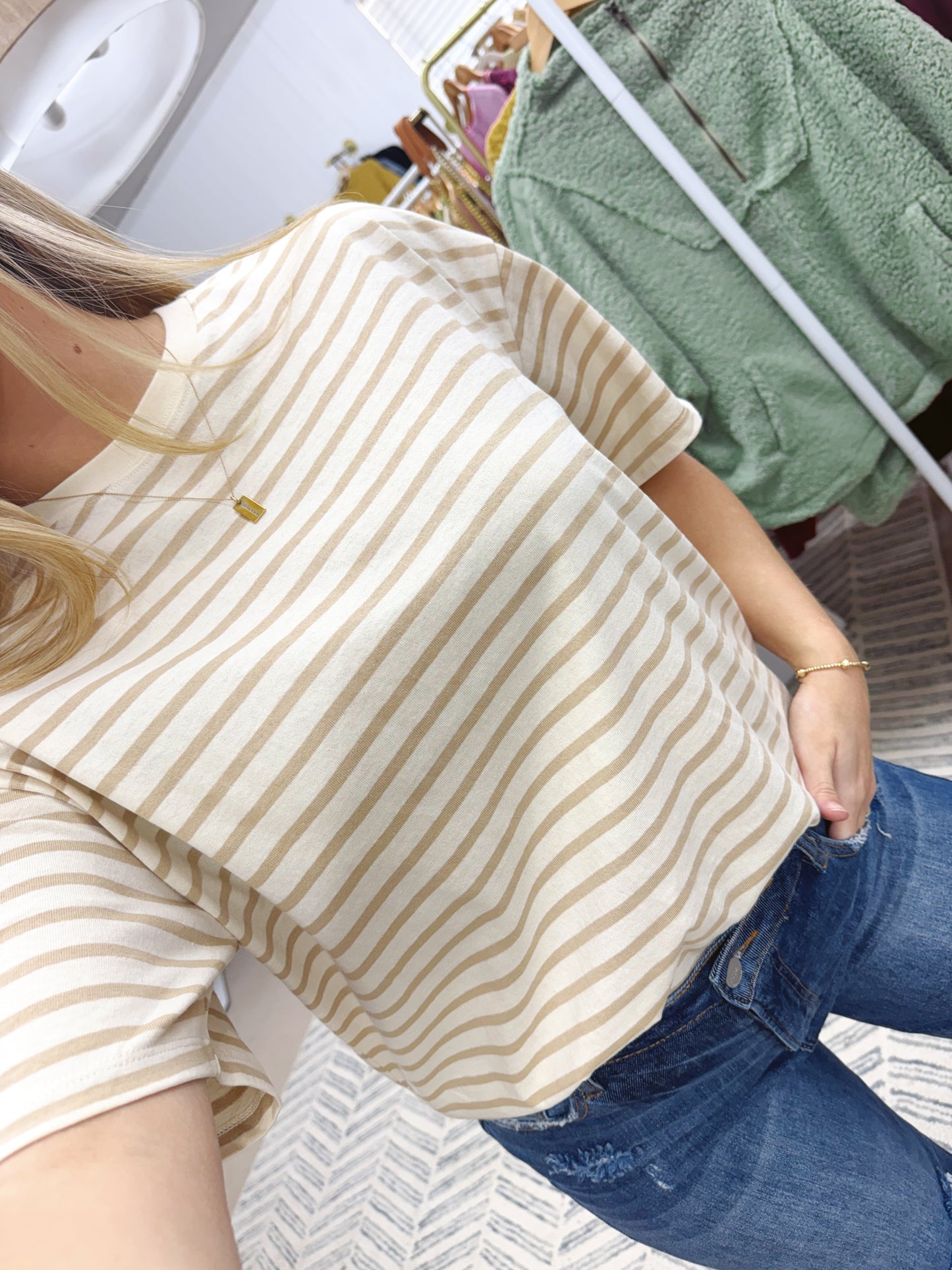 The Adrianna | Tan and White Striped Tee
