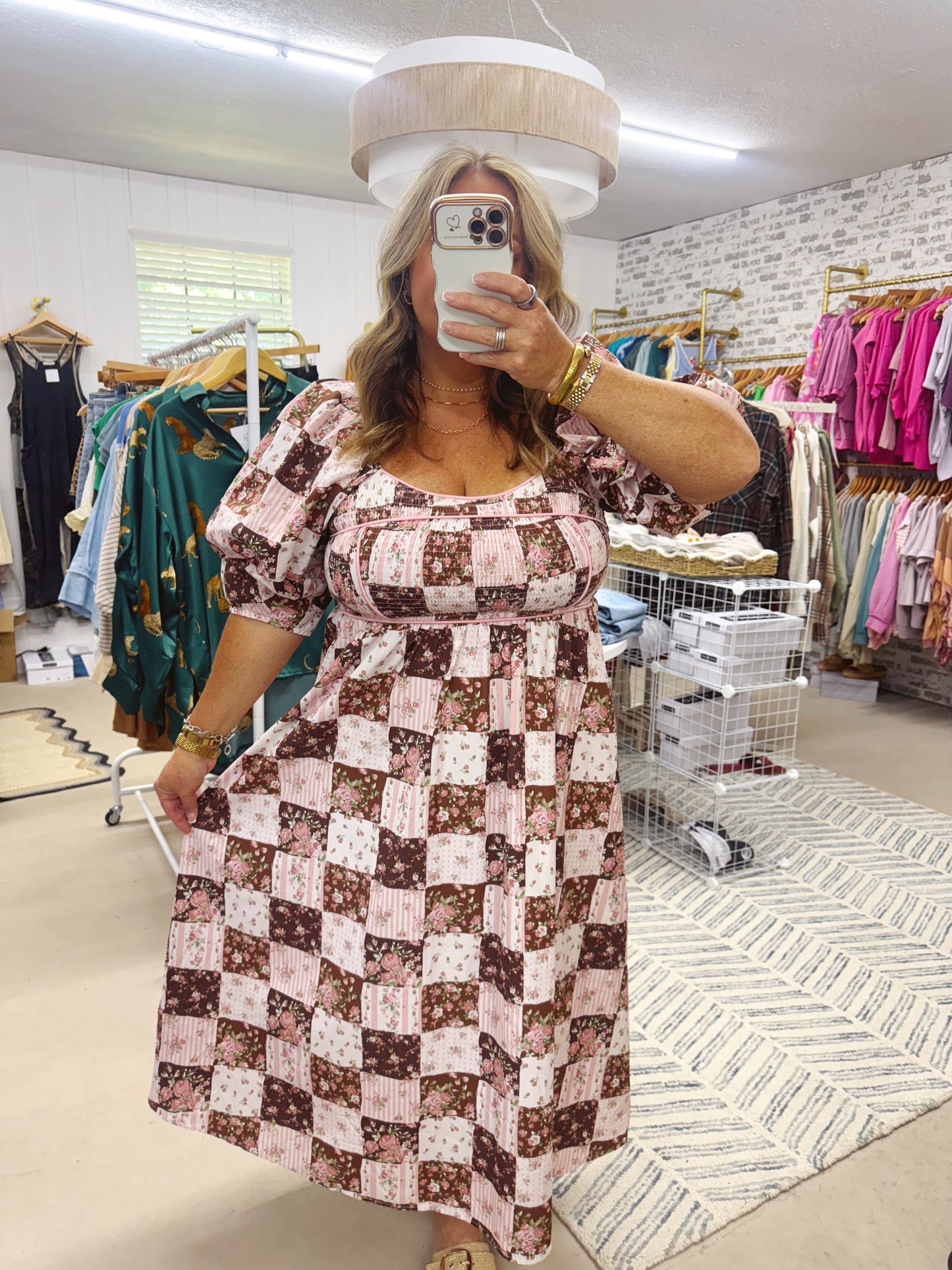 The Peggy | Pink and Brown Patchwork Dress