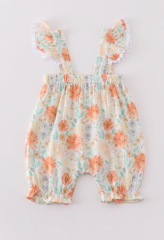 The Piper | Orange Floral Muslin Romper