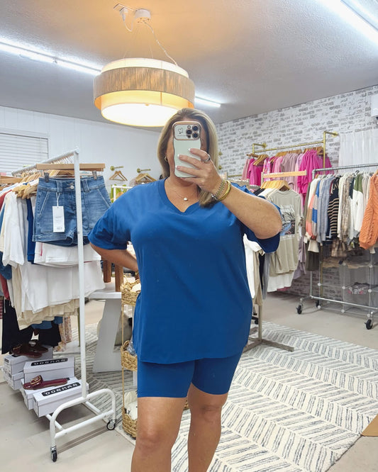 The Emma | V Neck Biker Shorts Set Blue