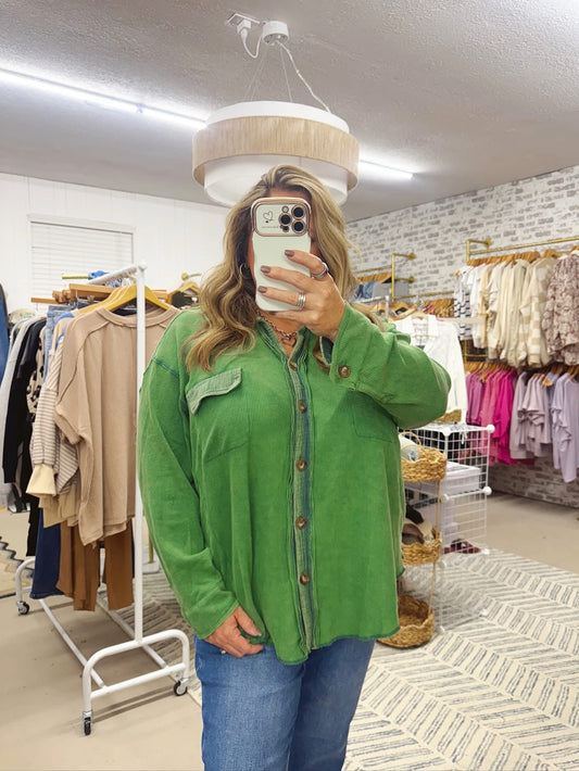 The Sherry | Green Waffle Knit Button Up