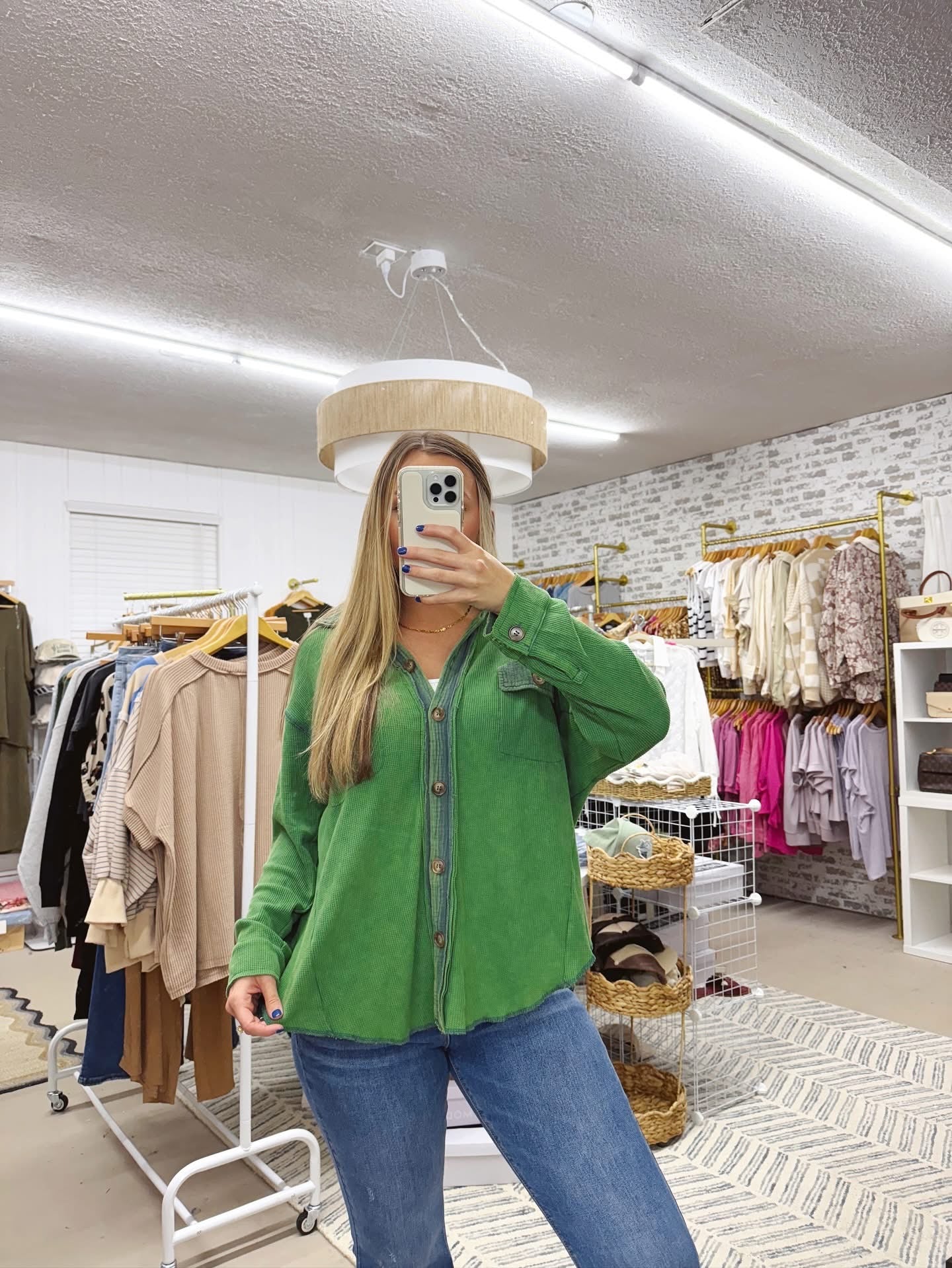 The Sherry | Green Waffle Knit Button Up